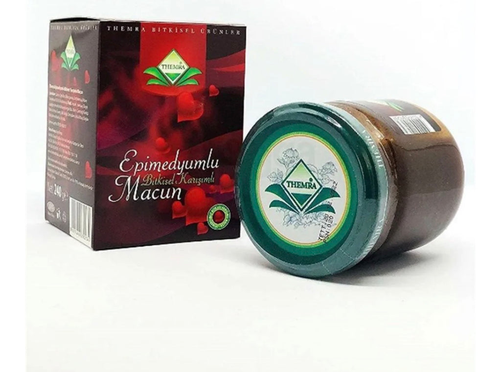 Jar and packaging of Themba Epimedyumlu Macun on a white backgroundy
